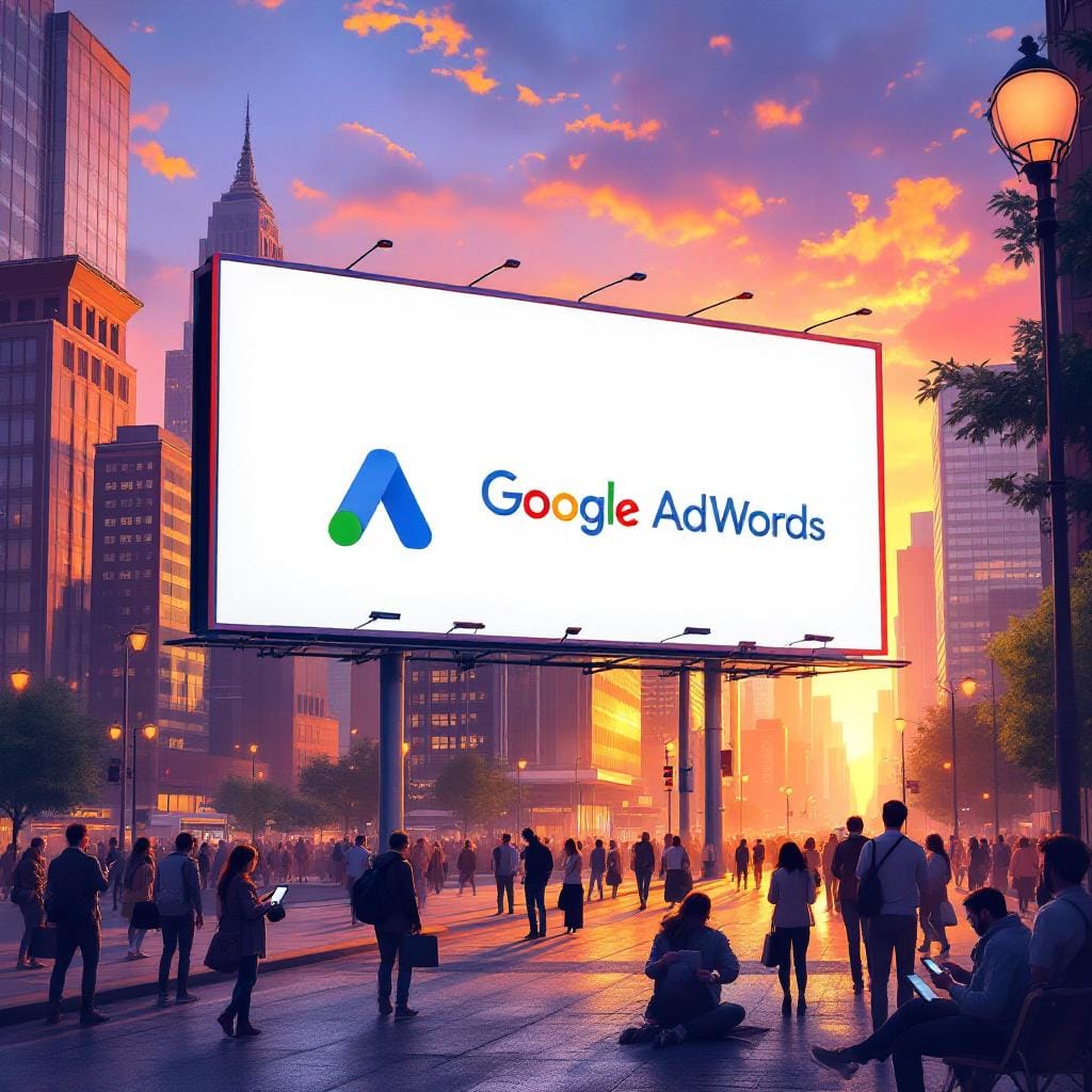 Açık havada büyük bir ekranda Google Ads reklamı gösterilen şehir meydanı